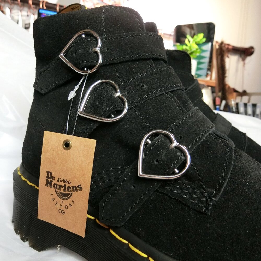 RARE Dr. Martens x Lazy Oaf Suede Heart Buckle Platform Boots | Size 9 - Picture 3 of 12